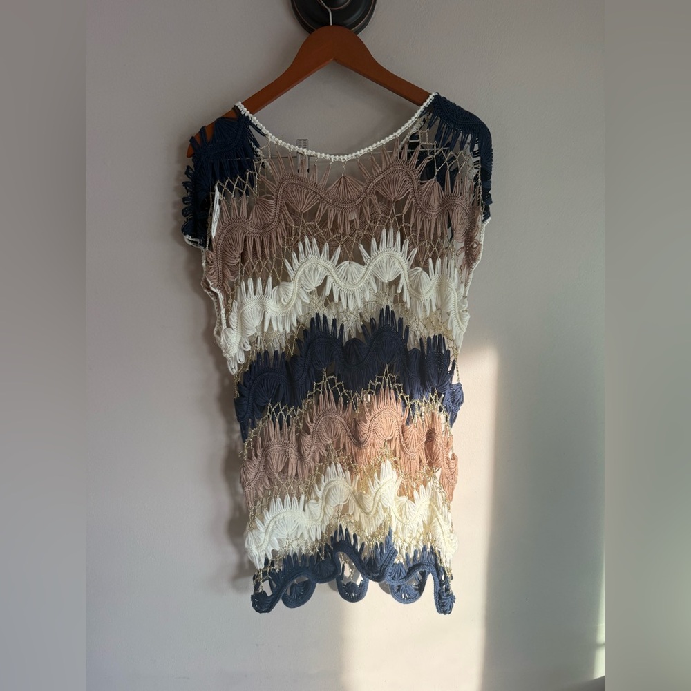 Lumiere Womens Crochet Knit Top Multi Color‎ Chevron Wave Gold Accents Large